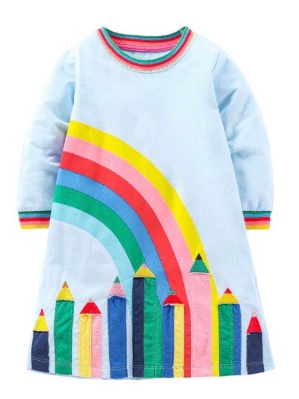 Mini Boden Pale Blue Sweatshirt Dress with Rainbow Ribbed Collar